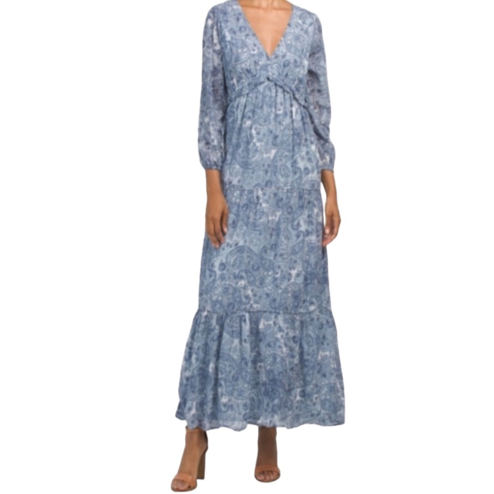 Rachel Zoe Blue Paisley Tiered Ruffle Maxi Dress